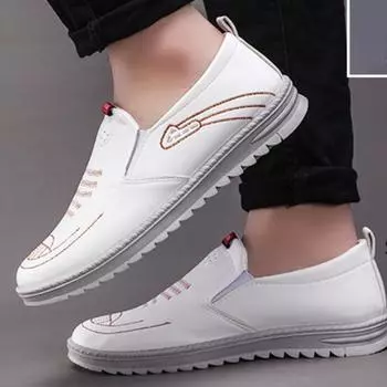 Дышащая деловая кожаная мужская обувь, лоферы без шнуровки, мужская кожаная обувь, черно-коричневая повседневная обувь на плоской подошве 39 белый