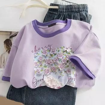 Дышащая фиолетовая хлопковая футболка для женщин, свободные топы S