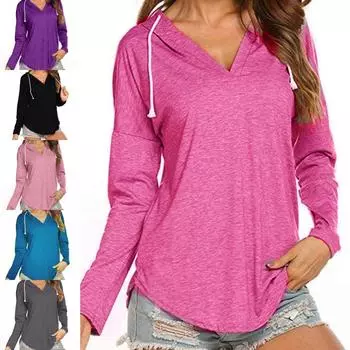 Дышащая футболка с длинными рукавами и V-образным вырезом, женская повседневная футболка с капюшоном, спортивный пуловер XXXL чёрный