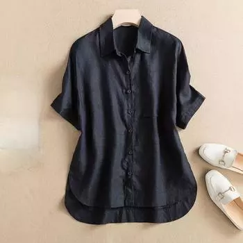 Дышащая и легкая хлопково-льняная рубашка для женщин со свободными короткими рукавами M чёрный