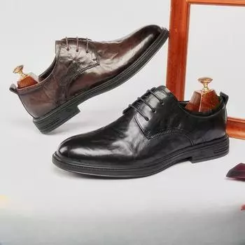 Дышащая кожа из натуральной кожи, деловые туфли из коровьей кожи, мужские повседневные кожаные нескользящие туфли с мягкой подошвой в британском стиле, с круглым носком, свадебные туфли 38 чёрный