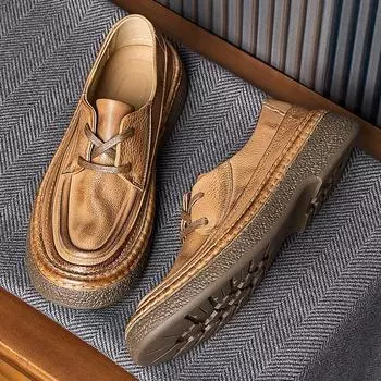 Дышащая кожаная мягкая подошва деловые повседневные кожаные туфли мужские британский стиль ретро ручной работы первый слой коровьей кожи низкие летние туфли 38 коричневый