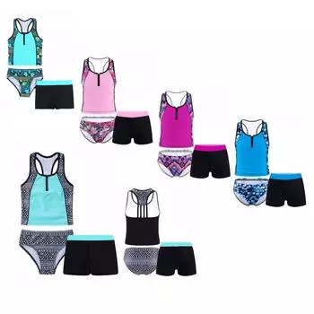 Дышащая майка без рукавов с открытой спиной, рубашка, эластичный пояс, шорты, танкини с цветочным принтом, купальник из 3 предметов 7-8 Years зелёный