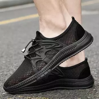 Дышащая мужская повседневная обувь Дышащая мужская сетчатая обувь Модные мокасины Легкие мужские летние кроссовки Открытые туфли на шнуровке 38 чёрный