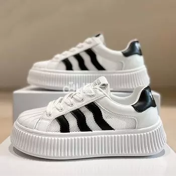 Дышащая обувь с сеткой, женские весенне-летние белые туфли, новые парусиновые туфли для скейтбординга, женские универсальные туфли на толстой подошве 35 чёрный