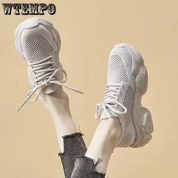 Дышащая папина обувь с сеткой, женская летняя спортивная обувь на толстой подошве, женские кроссовки на шнуровке Tide 35 бежевый