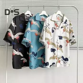 Дышащая праздничная рубашка свободного кроя, классическая рубашка для отдыха с узором журавля, топ 2XL чёрный