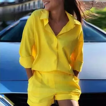 Дышащая рубашка, шорты, комплект, модная однотонная женская футболка, топ, брюки, 2 шт./компл. S