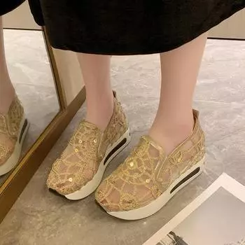 Дышащая сетчатая обувь для детей, весенне-летняя обувь с толстой подошвой, повседневная обувь с низким верхом, модная верхняя одежда, ленивая обувь для женщин 36 золотой