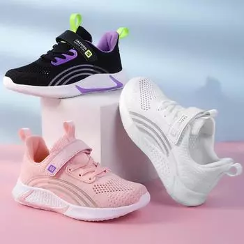 Дышащая сетчатая повседневная обувь для девочек с вращающейся пряжкой, спортивная обувь, детская обувь, кроссовки для бега, детская обувь 28 чёрный