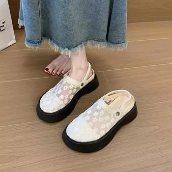 Дышащая сетчатая пряжа с увеличением высоты, тапочки-полуторки, женские, лето 2025, на толстой подошве, маленькие, повседневные, с вырезами, с закрытым носком, сандалии 35 бежевый