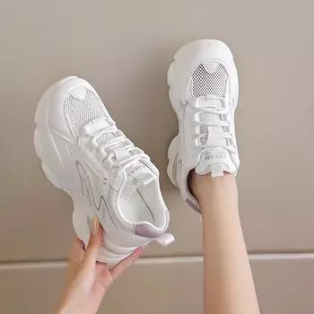 Дышащая сетчатая вулканизированная обувь, женские летние осенние кроссовки на толстой платформе, женская спортивная обувь со шнуровкой и воздушной подушкой, нескользящая 35 бежевый
