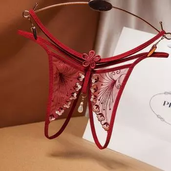 Дышащая сетка, горячие сексуальные вышитые трусики, женские стринги с открытой промежностью, жемчужные, соблазнительные, тонкие 2254 One Size