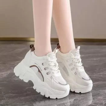 Дышащая сетка женские кроссовки лето осень шнуровка толстая платформа вулканизированная обувь женская толстая подошва нескользящая повседневная обувь 35 бежевый