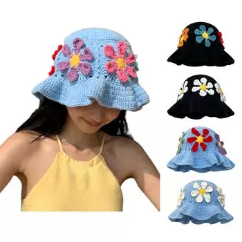 Дышащая шляпа-ведро для женщин, шляпа рыбака, вязаная шляпа с цветком, элегантная шляпа для фотографа, складная шляпа для путешествий 2 разноцветный