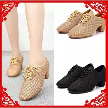 Дышащая танцевальная обувь с сеткой, обувь для латинских танцев для женщин и взрослых, обувь для бальных танцев, обувь для учителей, на каблуке 3,5 см 34 чёрный