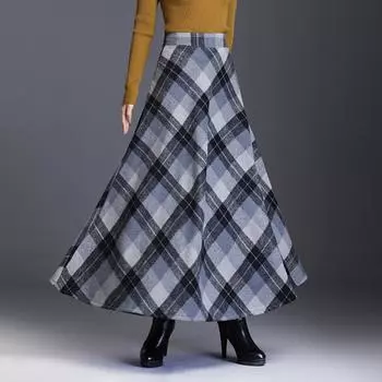 Дышащая юбка с клетчатым принтом, шерстяная юбка для женщин, высокая талия, А-силуэт, утолщенная зимняя юбка для ношения, теплая шерстяная M синий