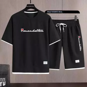 Дышащая вафельная спортивная одежда для активного отдыха, летний повседневный модный костюм с круглым вырезом, футболка + шорты, комплект из двух предметов для мужчин XXL