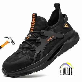 Дышащая защитная обувь. Черная рабочая обувь с защитой от проколов и стальным носком. Нескользящие защитные рабочие кроссовки. Рабочие ботинки с защитой. 40