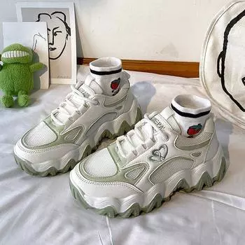 Дышащая женская обувь для папы, новая весенне-летняя спортивная обувь, женская корейская версия, универсальные полые кроссовки для женщин, увеличивающая рост 35 зелёный