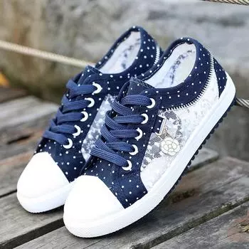Дышащая женская парусиновая обувь, лето-осень, женская повседневная обувь с кружевом и вырезами, милые женские туфли на плоской подошве в горошек 35