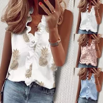 Дышащая женская рубашка без рукавов с V-образным вырезом и рюшами по подолу, блузка, жилет, топ XL