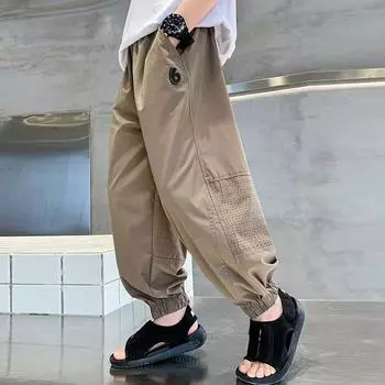 Дышащие детские брюки из ледяного шелка, модные универсальные повседневные брюки, свободные прямые брюки, летние тонкие брюки 120 чёрный