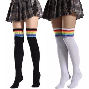 Дышащие гольфы с радужными полосками, гетры, забавные чулки до бедра, зима белый