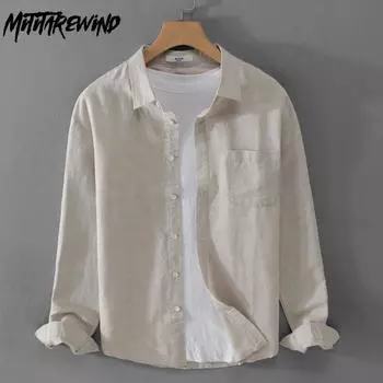 Дышащие рубашки из хлопка и льна для мужчин, повседневная рубашка на весну и лето, воротник с лацканами, карман, длинный рукав, однотонная рубашка, простая мужская одежда M белый