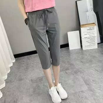 Дышащие и быстросохнущие капри для женщин, тонкие летние легкие брюки M чёрный