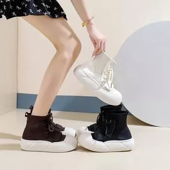 Дышащие кроссовки для женщин. Кроссовки для ходьбы на массивной платформе с высоким берцем. Женские спортивные ботинки без застежек на шнуровке. Удобные теннисные кроссовки для бега. 35 чёрный