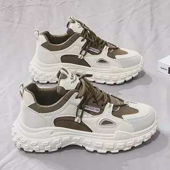 Дышащие кроссовки на толстой подошве в гонконгском стиле для мужчин: Летние нескользящие, износостойкие повседневные туфли для пап хаки