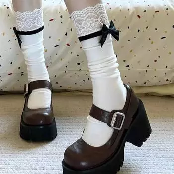 Дышащие милые носки средней длины в стиле Лолиты с бантом, однотонные кружевные тонкие носки чёрный