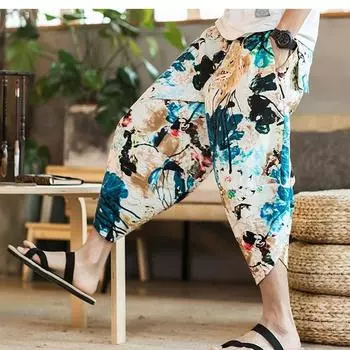 Дышащие мужские льняные брюки-капри с эластичной резинкой на талии, свободные пляжные шорты L