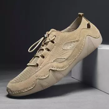 Дышащие мужские мокасины из натуральной кожи, повседневная обувь для мужчин, кроссовки на плоской подошве с лоскутным узором, мужские мокасины без завязок и эластичными шнурками 39 серый