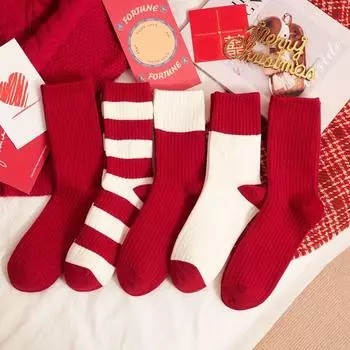 Дышащие новогодние красные носки хлопковые носки средней длины сладкие носки на удачу домашние носки 4 Pairs