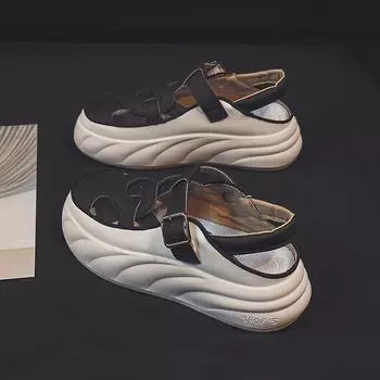 Дышащие полые сандалии-кроссовки женские новые летние универсальные туфли с дырочками из сетки тонкие белые туфли на платформе модные 35 чёрный