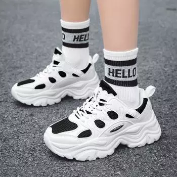 Дышащие сетчатые кроссовки для бега женские вулканизированные туфли весна осень шнуровка толстая подошва тренд повседневная спортивная обувь для женщин 35