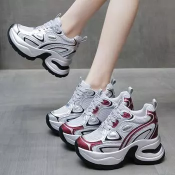 Дышащие сетчатые кроссовки с толстой подошвой, спортивная обувь для женщин, повседневные кроссовки на толстой платформе 10,5 см 34 чёрный