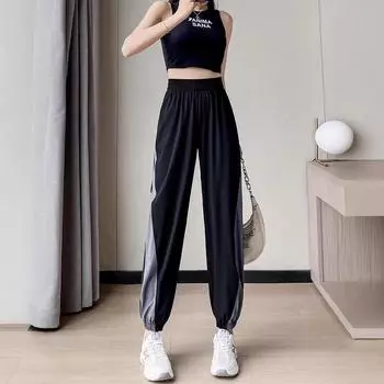 Дышащие свободные брюки для фитнеса из ледяного шелка для женщин, летние брюки для бега и тренировок, тонкие быстросохнущие повседневные утягивающие брюки с высокой талией S чёрный
