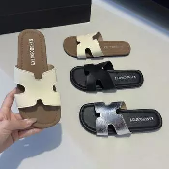 Дышащие тапочки на плоской подошве для женской летней верхней одежды 2024 года, новые однотонные сандалии с юбкой, повседневные сандалии на одну ногу 35 чёрный