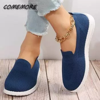 Дышащие трикотажные мокасины для женщин, размер плюс 43, легкие туфли на плоской подошве с мягкой подошвой, женская обувь на осень 2025 года, повседневная обувь с противоскользящим покрытием для женщин 36 чёрный