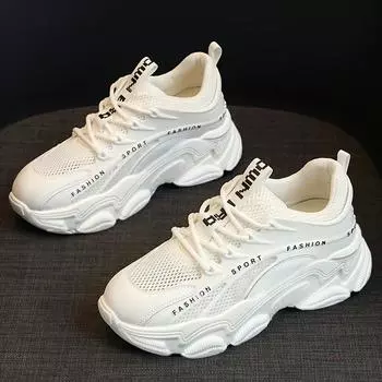 Дышащие туфли для папы, женские, весна и осень, новые, белые, на толстой подошве, универсальные, сетчатые, для спорта и отдыха, женские, маленькие белые туфли 35