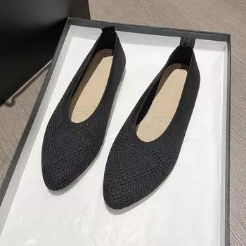 Дышащие туфли-лодочки с мягкой подошвой для женщин, лето 2025, новые остроносые на плоской подошве, из сетки с плетением «муха», с мелким вырезом 35 чёрный