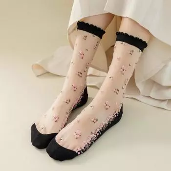 Дышащие ультратонкие прозрачные кружевные носки женские шелковые носки с кристаллами розы и вышивкой для дам летние модные эластичные носки белый