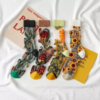 Дышащие весенние вышитые стеклянные шелковые носки женские носки Подсолнухи прозрачные носки кофейный