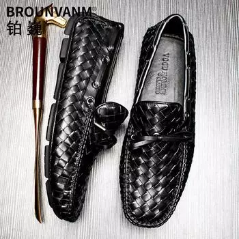 Дышащие вязаные вручную шапочки-туфли Мужская повседневная кожаная обувь Кожаные туфли для вождения Модная мужская обувь 38 чёрный