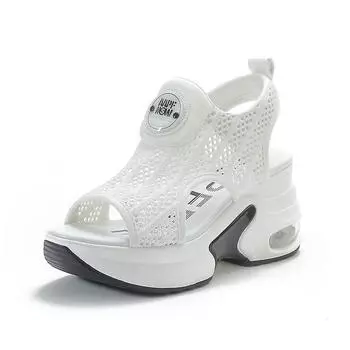 Дышащие женские сандалии с воздушной сеткой 8 см, новинка 2023 года, удобная обувь, модная летняя женская обувь на платформе с рыбным носком, на танкетке, на высоком скрытом каблуке 34 бежевый