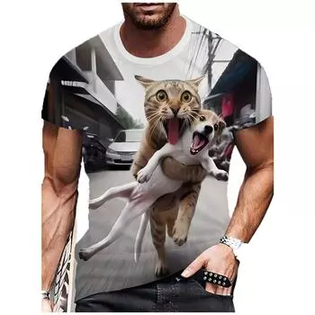 Дышащий летний повседневный топ с круглым вырезом и короткими рукавами, повседневная одежда для улицы, мужской топ с 3D-принтом с рисунком играющих кошек и собак S