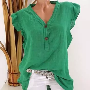 Дышащий топ на пуговицах с V-образным вырезом, большой размер, однотонная хлопковая льняная блузка, женская свободная рубашка S оранжевый